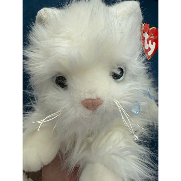 Ty Other - Ty Vintage Sugar White Fluffy Cat Realistic Plush‎ 2002 Long Hair Blue Eyes 12"